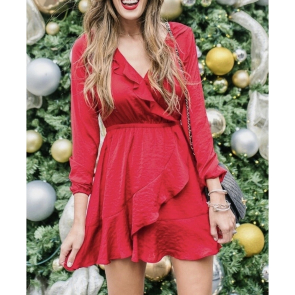 Express Factory Faux Wrap Ruffle Mini Dress Red Size L